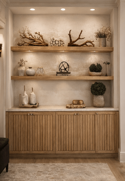 Custom oak millwork — River Forest — built-in shelving